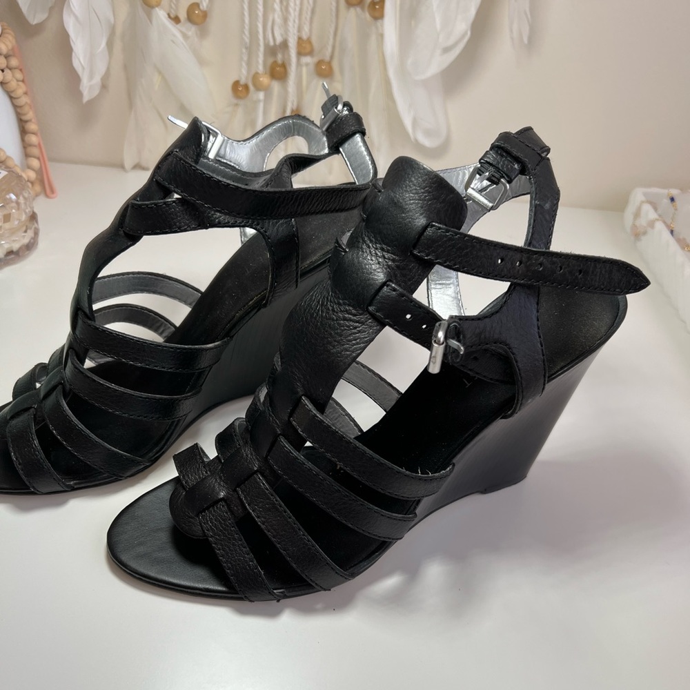 Nine West Black Leather Wedge Sandals - Picture 2 of 11